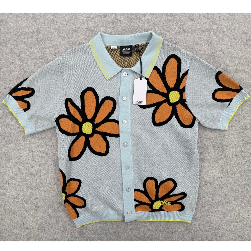 NWT WESC Daisy's Short Sleeve Knit Button Up Polo Shirt Winter Sky Size LARGE